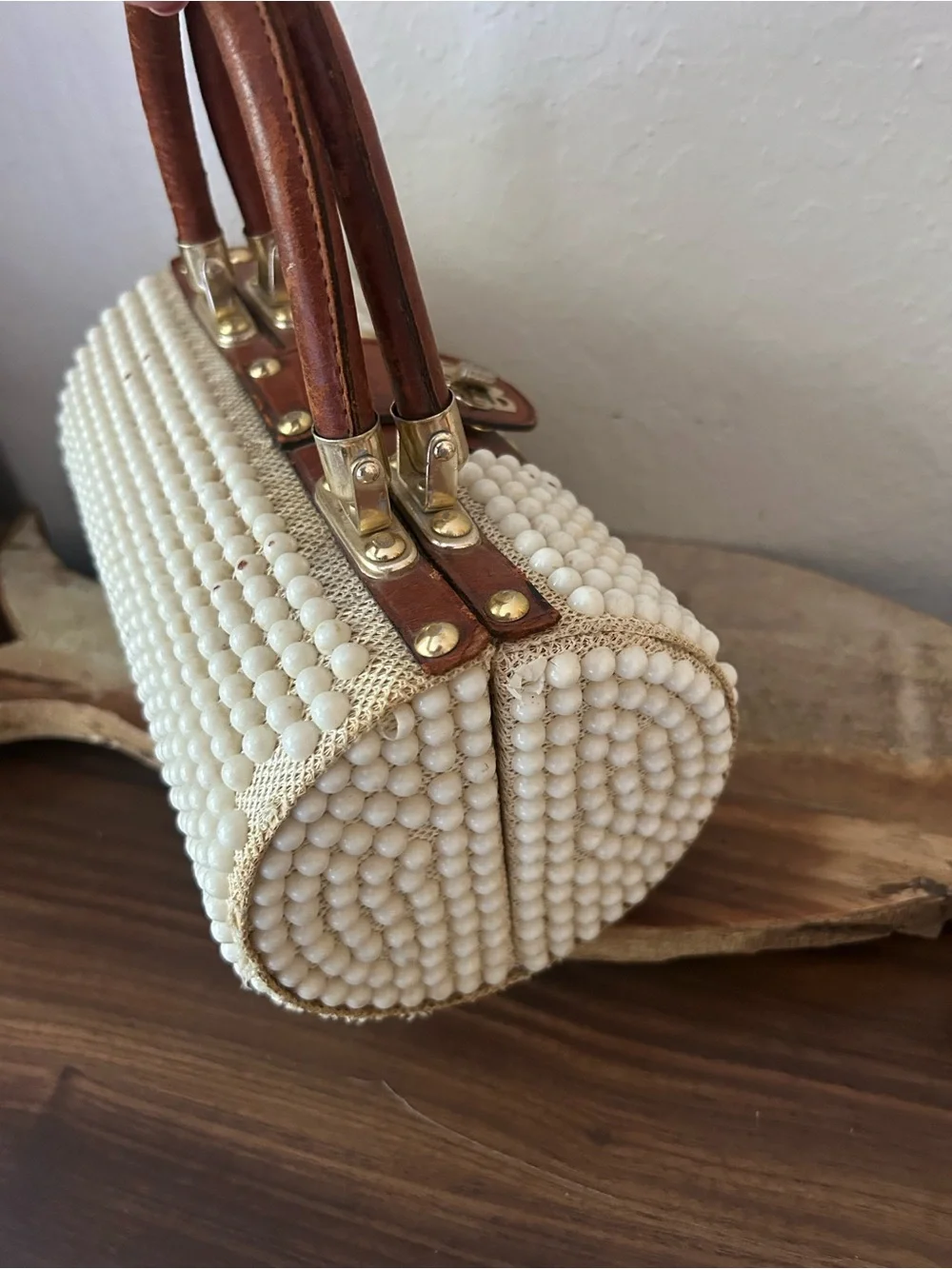 Vintage Beaded Pearl Cylinder Handbag with Brown Leather Handle: 1960s - Picture 6 of 11